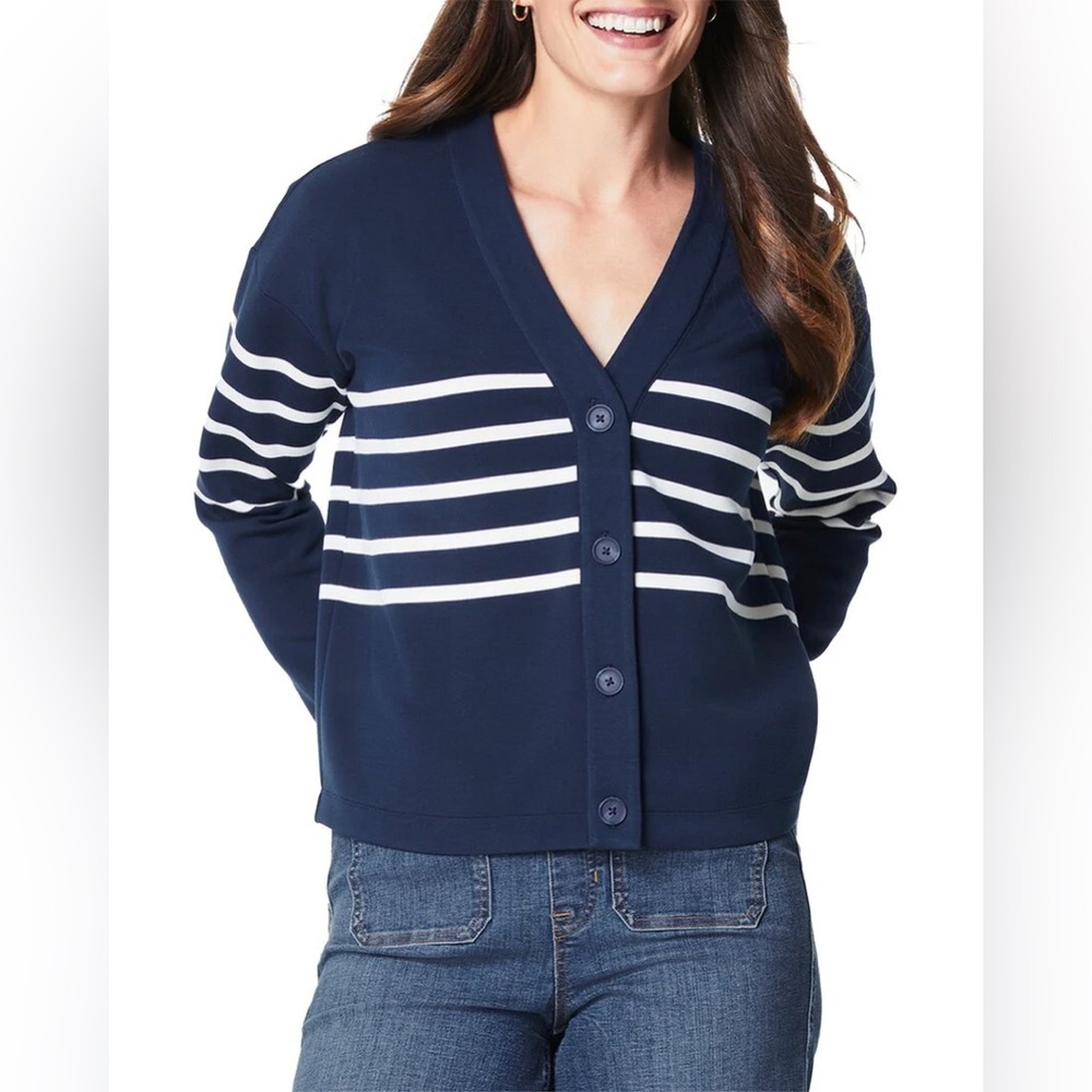 Spanx Air Essentials Navy Blue White Striped Cardigan Sweater Pullover Top